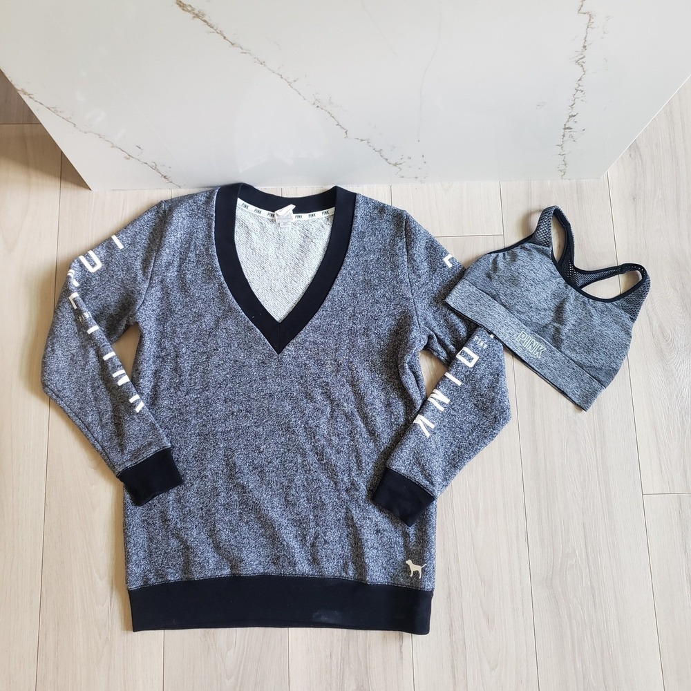 PINK Victoria's Secret Sweatshirt Sports Bra Set Womens S Gray Athleisure Bundle